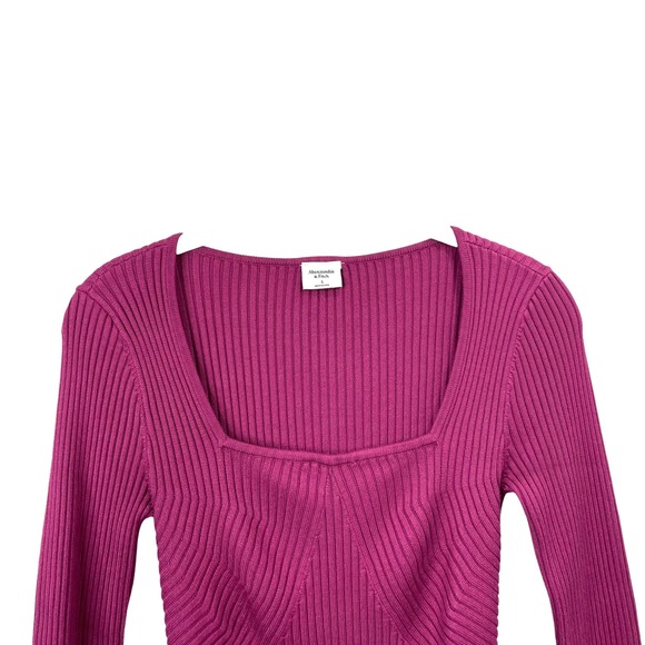 Abercrombie & Fitch‎ ribbed Long-Sleeve Square neck Bodysuit Size S fuchsia pink - Picture 2 of 7